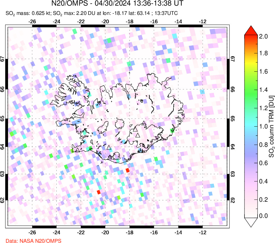 A sulfur dioxide image over Iceland on Apr 30, 2024.