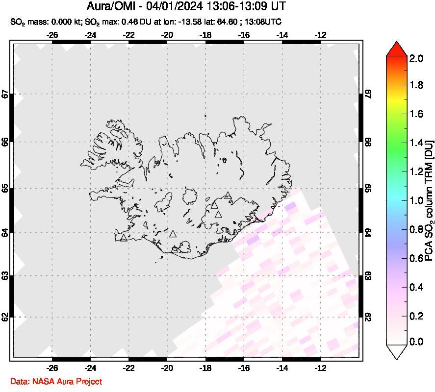 A sulfur dioxide image over Iceland on Apr 01, 2024.