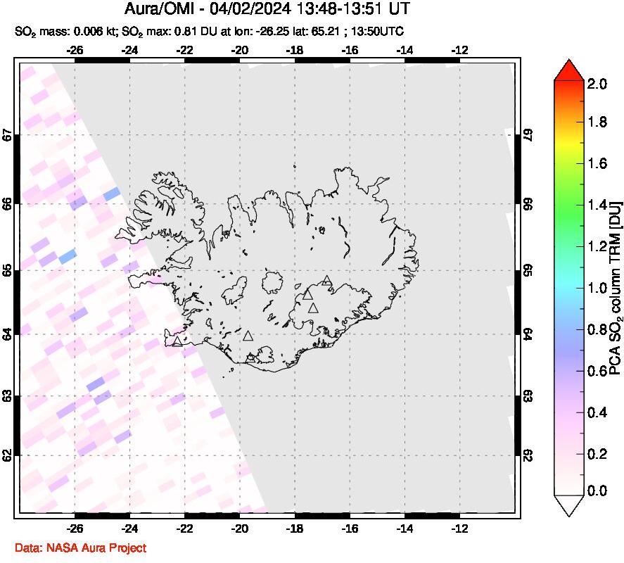 A sulfur dioxide image over Iceland on Apr 02, 2024.