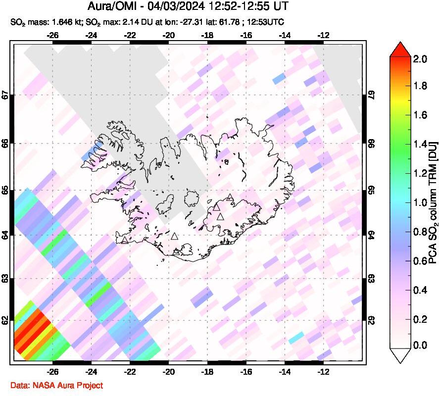 A sulfur dioxide image over Iceland on Apr 03, 2024.