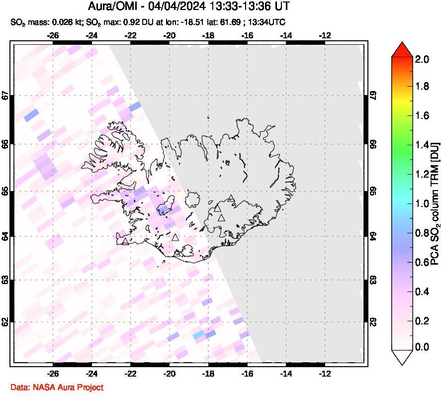 A sulfur dioxide image over Iceland on Apr 04, 2024.