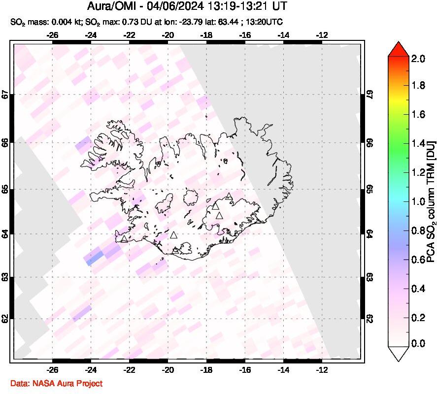 A sulfur dioxide image over Iceland on Apr 06, 2024.