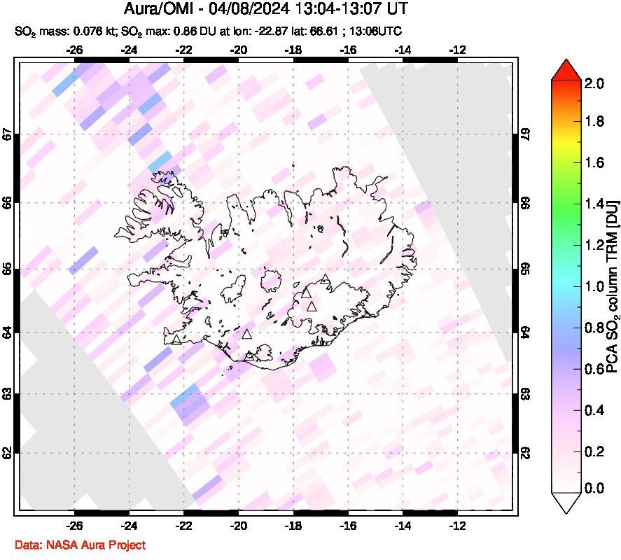 A sulfur dioxide image over Iceland on Apr 08, 2024.