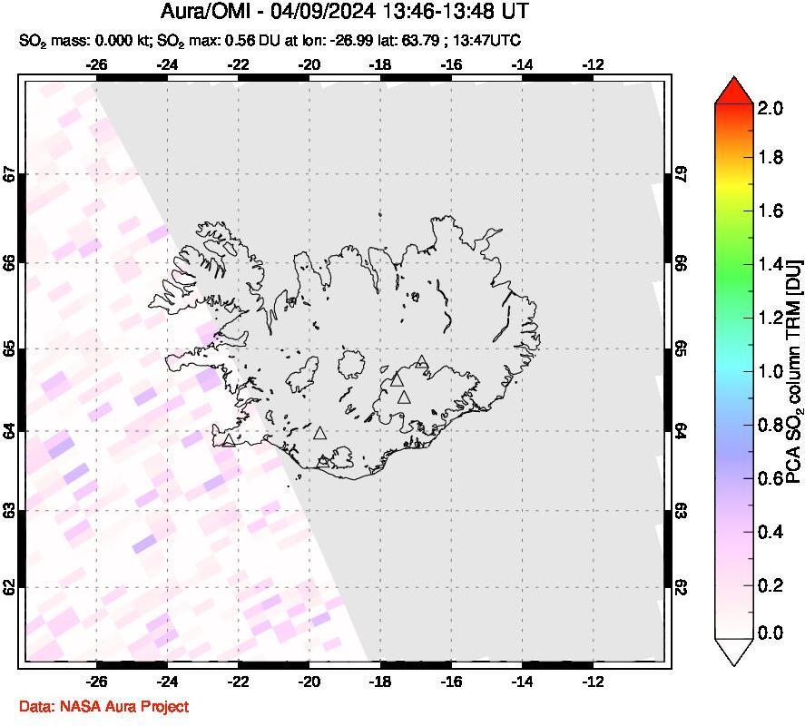 A sulfur dioxide image over Iceland on Apr 09, 2024.