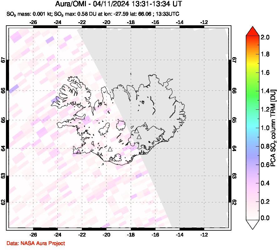 A sulfur dioxide image over Iceland on Apr 11, 2024.