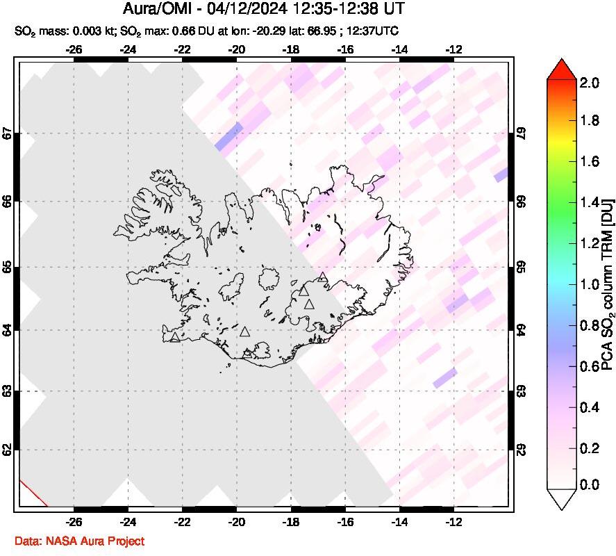 A sulfur dioxide image over Iceland on Apr 12, 2024.