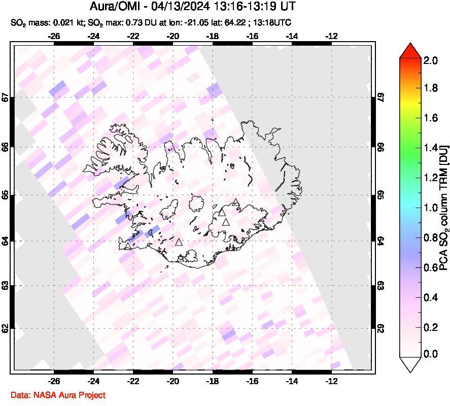 A sulfur dioxide image over Iceland on Apr 13, 2024.