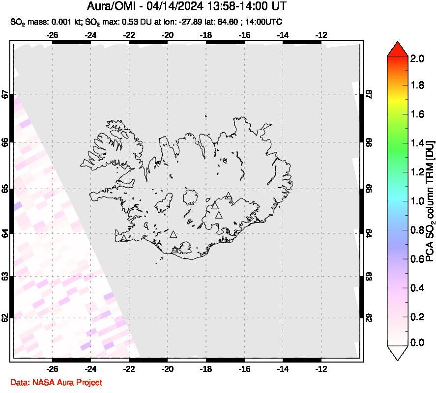 A sulfur dioxide image over Iceland on Apr 14, 2024.