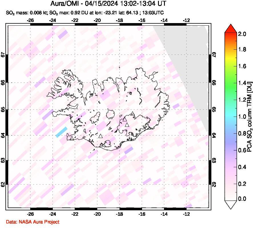 A sulfur dioxide image over Iceland on Apr 15, 2024.