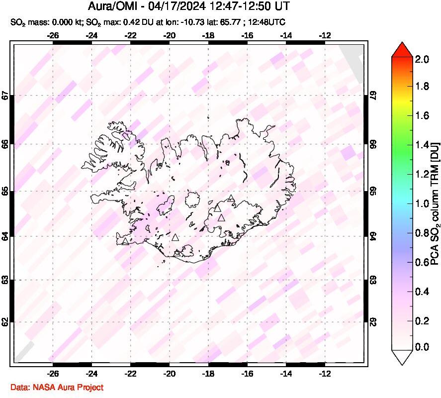 A sulfur dioxide image over Iceland on Apr 17, 2024.