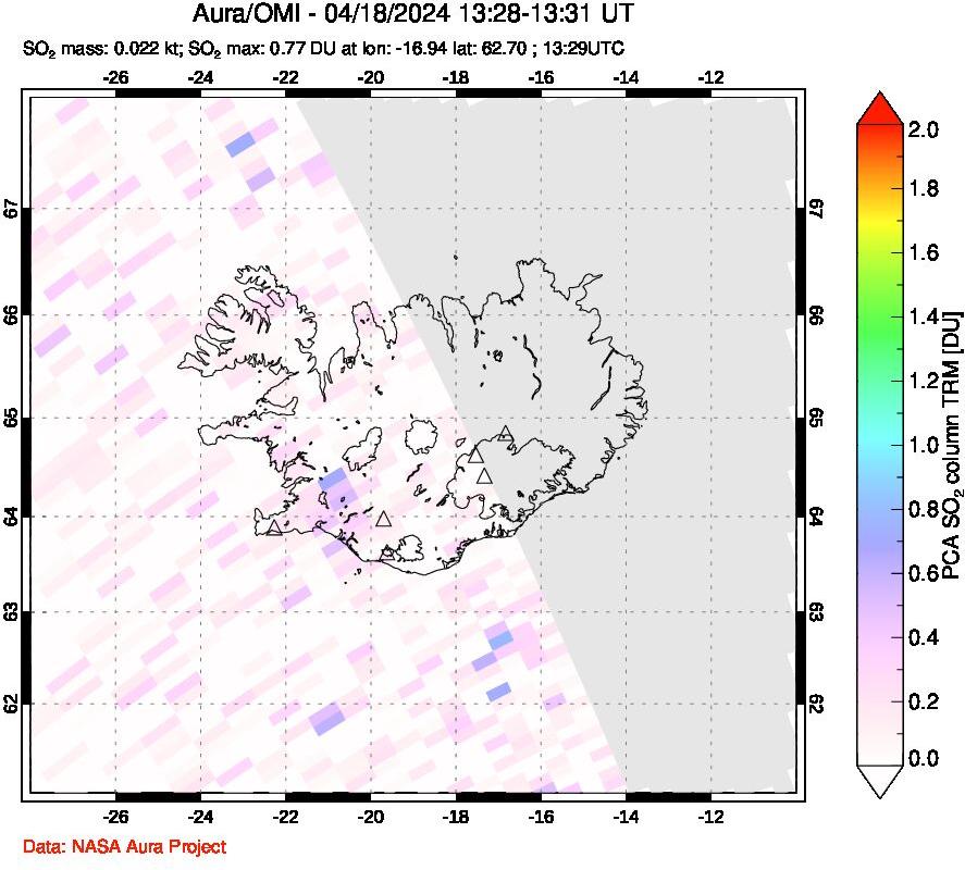 A sulfur dioxide image over Iceland on Apr 18, 2024.