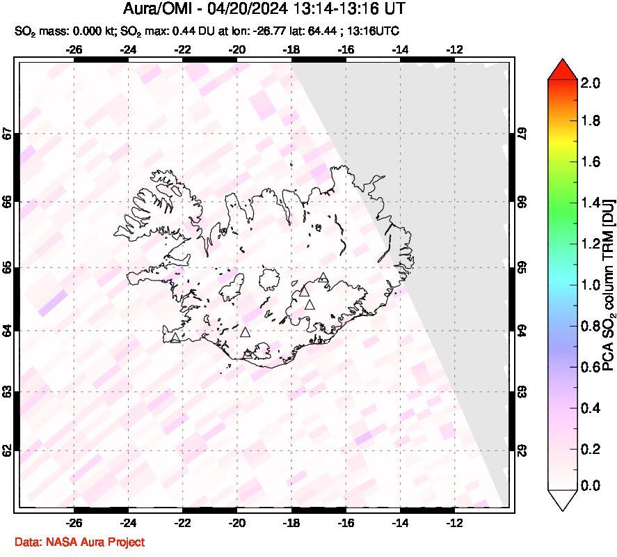 A sulfur dioxide image over Iceland on Apr 20, 2024.