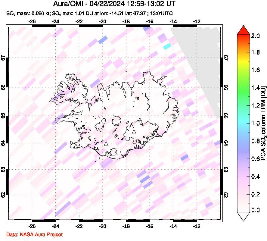 A sulfur dioxide image over Iceland on Apr 22, 2024.