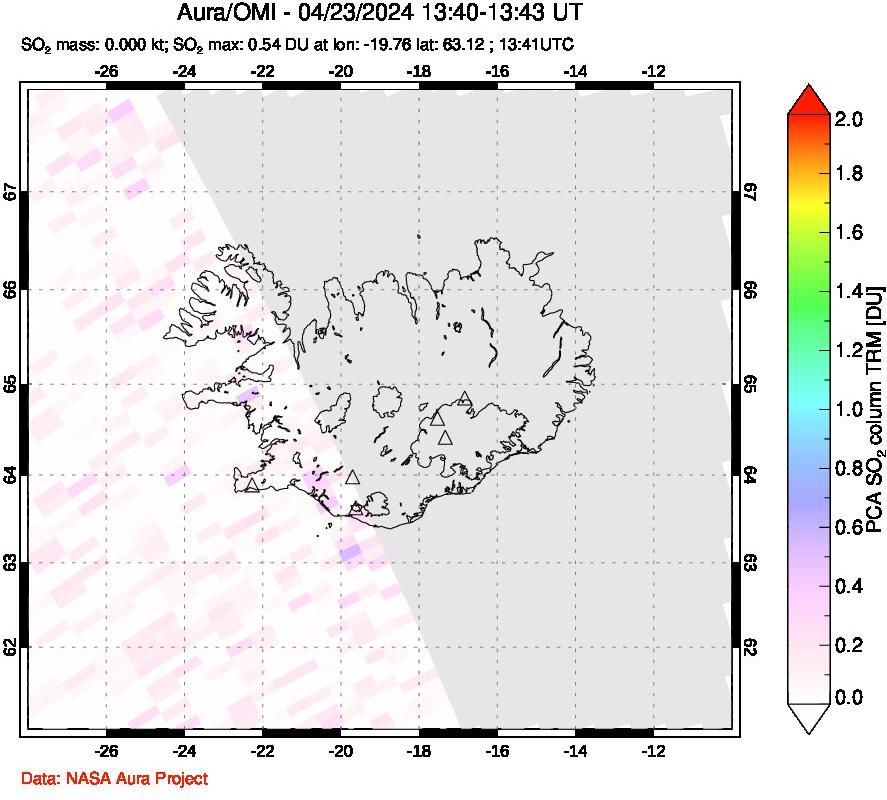 A sulfur dioxide image over Iceland on Apr 23, 2024.