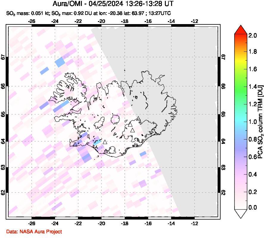 A sulfur dioxide image over Iceland on Apr 25, 2024.