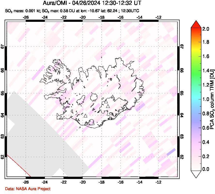 A sulfur dioxide image over Iceland on Apr 26, 2024.