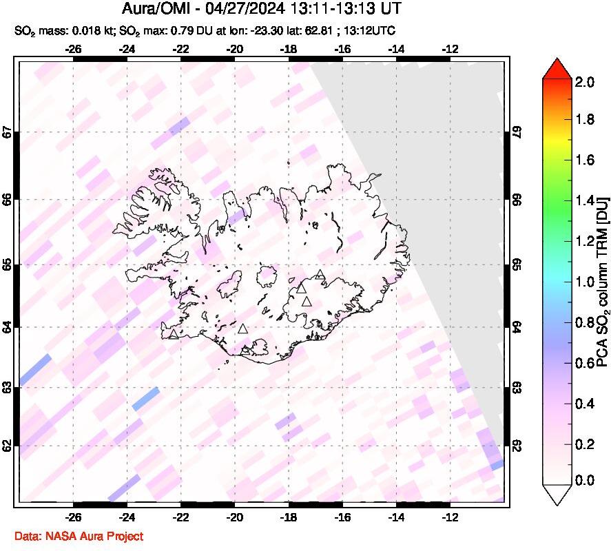 A sulfur dioxide image over Iceland on Apr 27, 2024.