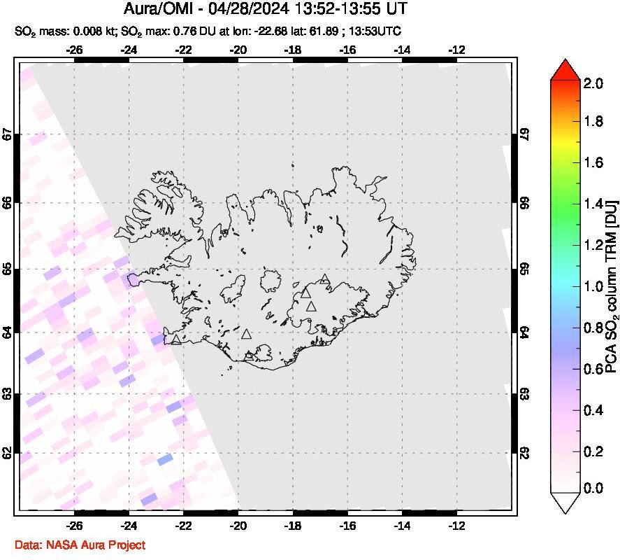 A sulfur dioxide image over Iceland on Apr 28, 2024.