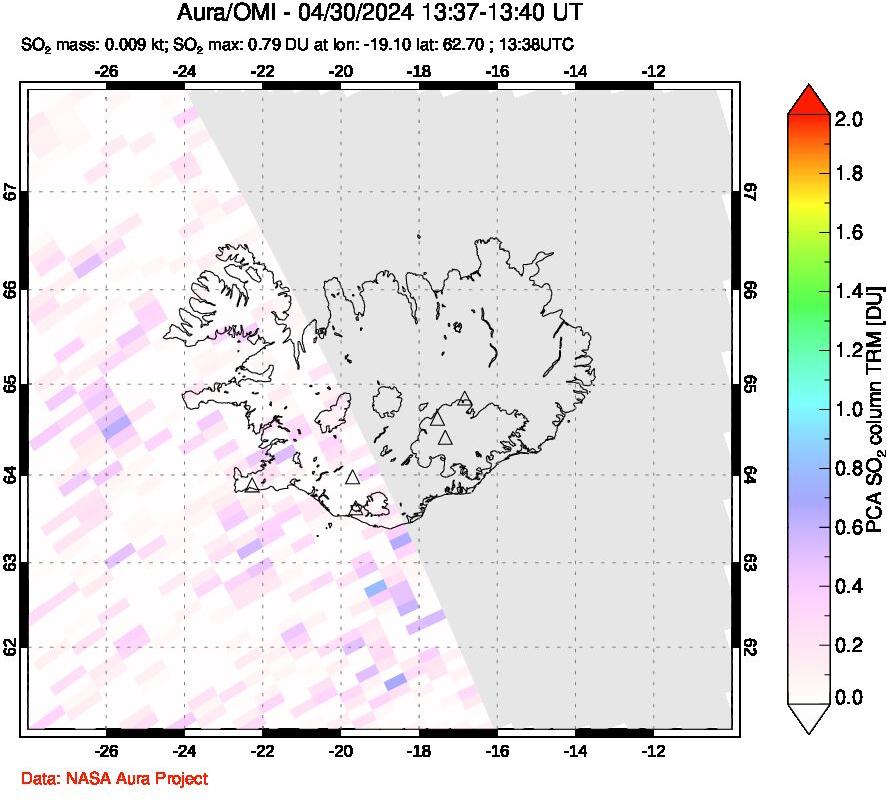 A sulfur dioxide image over Iceland on Apr 30, 2024.