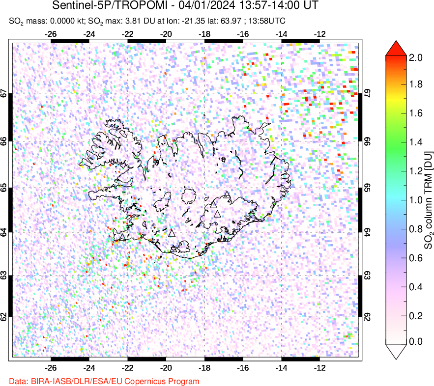 A sulfur dioxide image over Iceland on Apr 01, 2024.