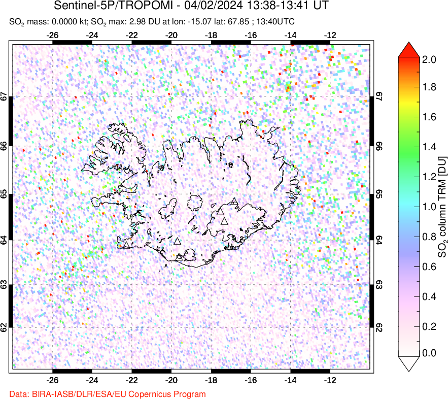 A sulfur dioxide image over Iceland on Apr 02, 2024.