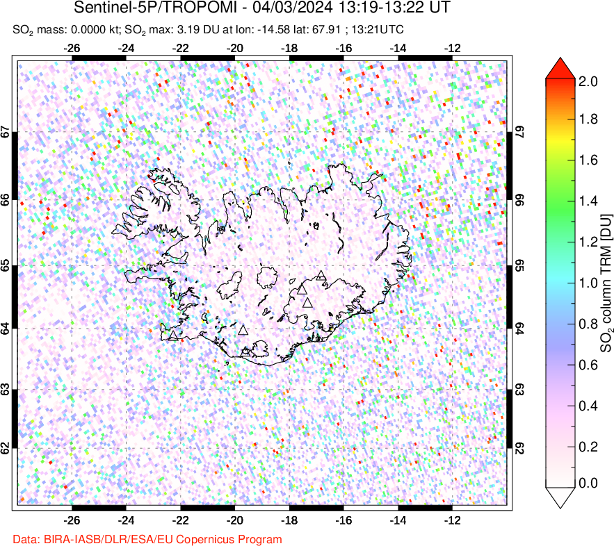 A sulfur dioxide image over Iceland on Apr 03, 2024.