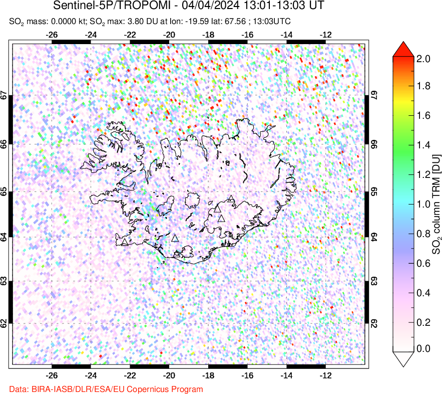 A sulfur dioxide image over Iceland on Apr 04, 2024.