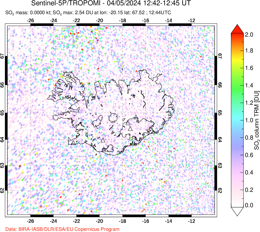 A sulfur dioxide image over Iceland on Apr 05, 2024.