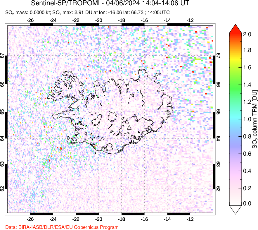 A sulfur dioxide image over Iceland on Apr 06, 2024.