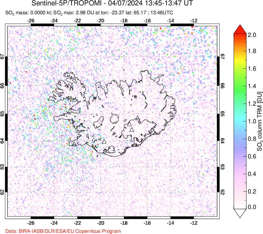 A sulfur dioxide image over Iceland on Apr 07, 2024.