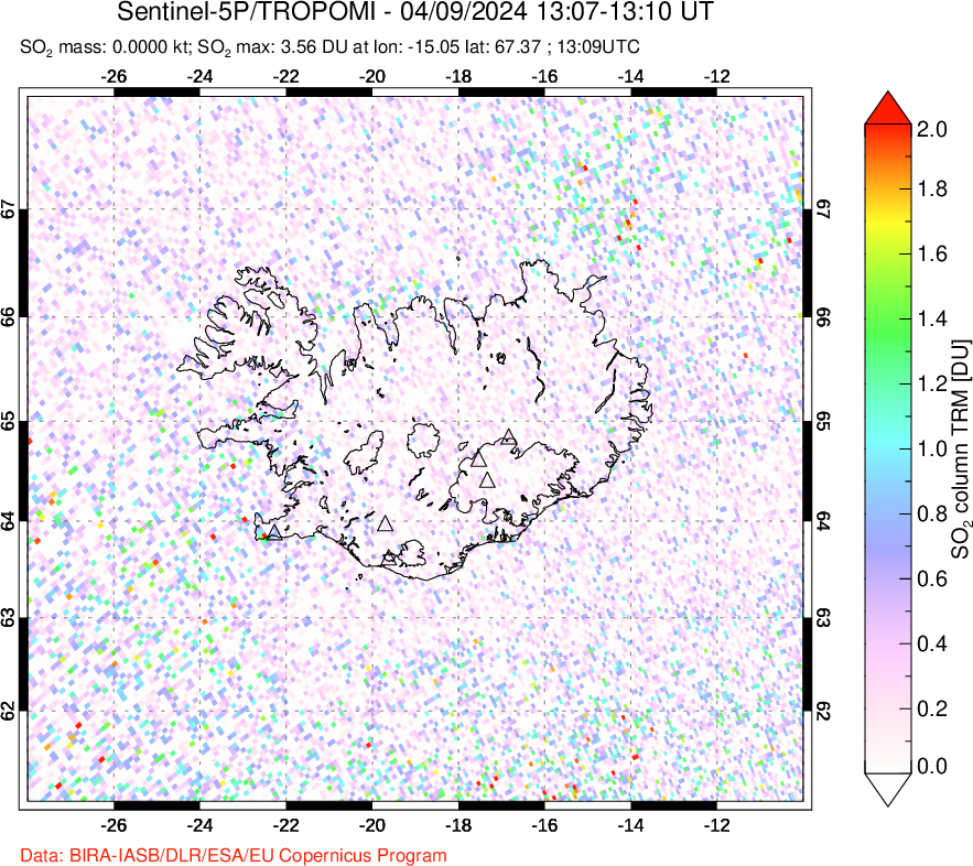 A sulfur dioxide image over Iceland on Apr 09, 2024.