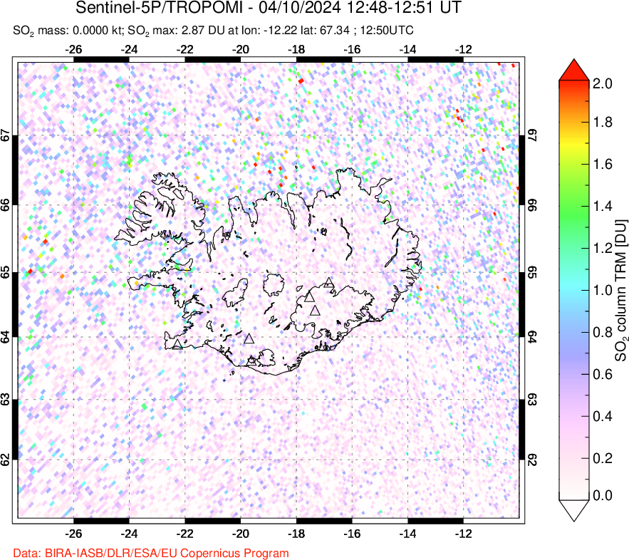 A sulfur dioxide image over Iceland on Apr 10, 2024.