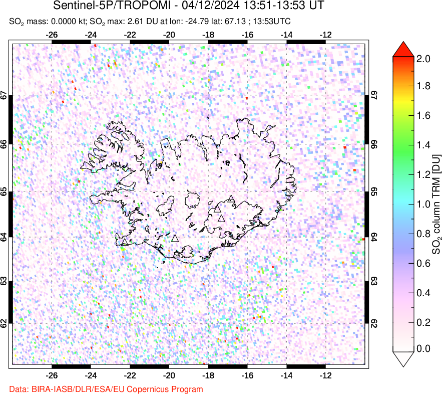 A sulfur dioxide image over Iceland on Apr 12, 2024.