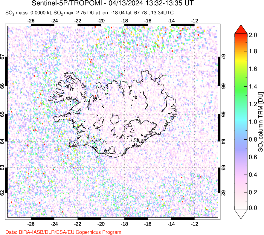 A sulfur dioxide image over Iceland on Apr 13, 2024.