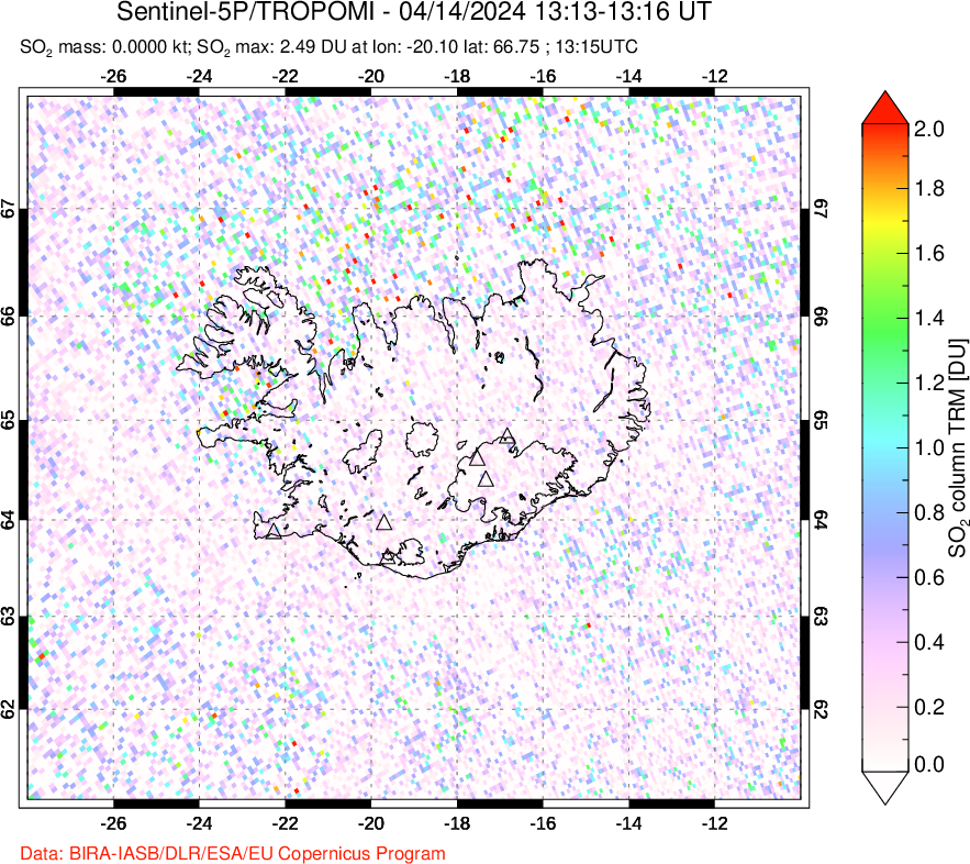 A sulfur dioxide image over Iceland on Apr 14, 2024.