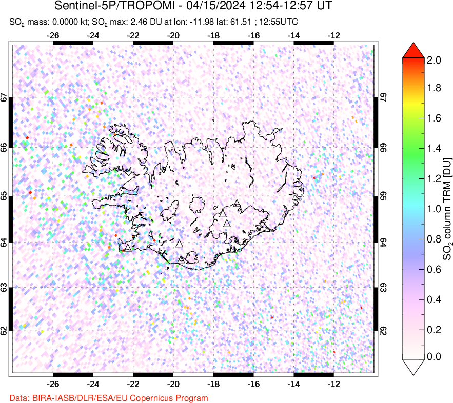 A sulfur dioxide image over Iceland on Apr 15, 2024.