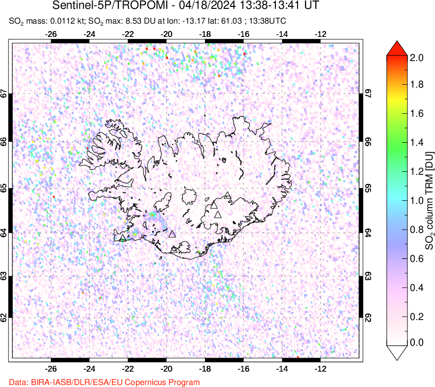 A sulfur dioxide image over Iceland on Apr 18, 2024.