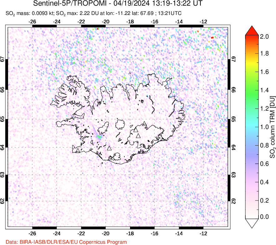 A sulfur dioxide image over Iceland on Apr 19, 2024.