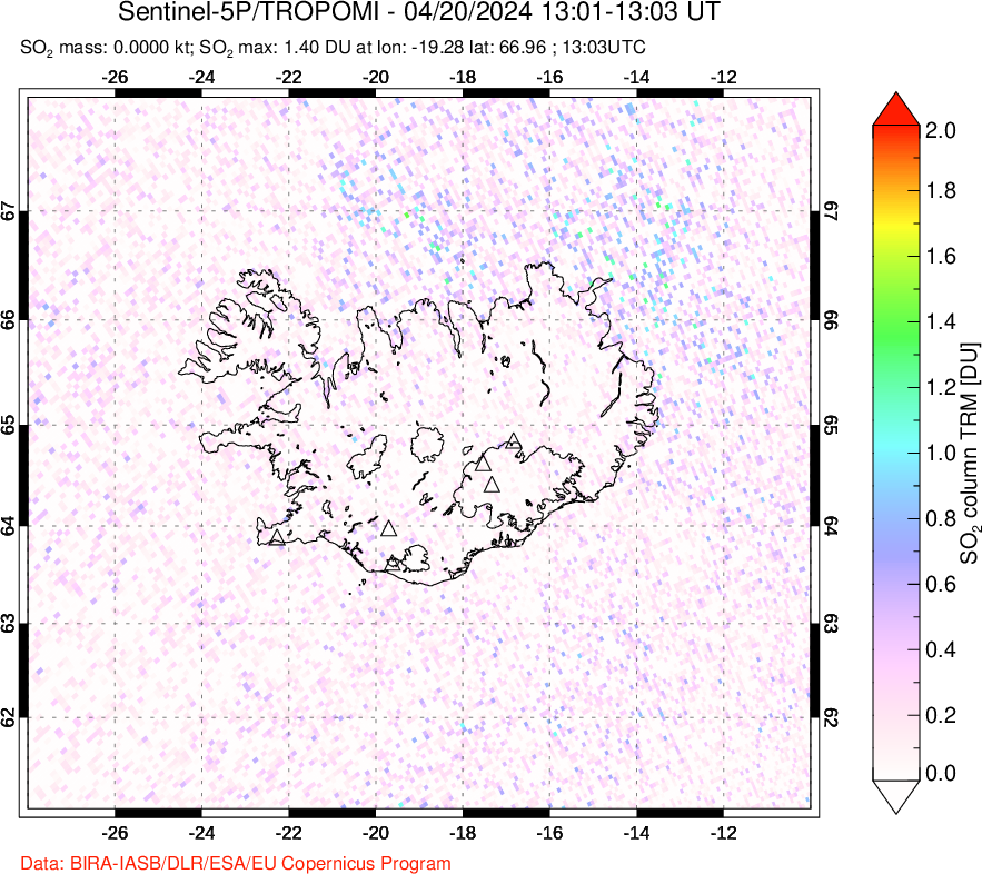 A sulfur dioxide image over Iceland on Apr 20, 2024.