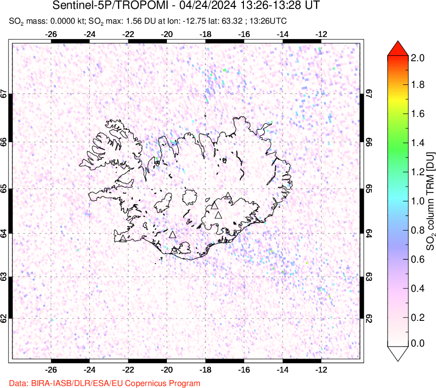 A sulfur dioxide image over Iceland on Apr 24, 2024.