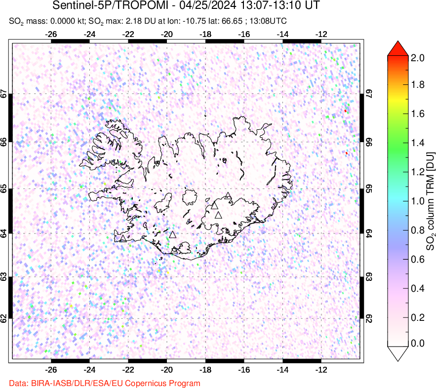 A sulfur dioxide image over Iceland on Apr 25, 2024.