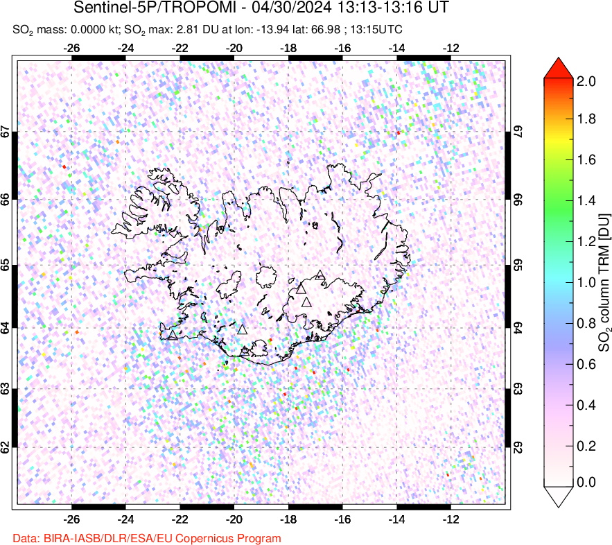 A sulfur dioxide image over Iceland on Apr 30, 2024.