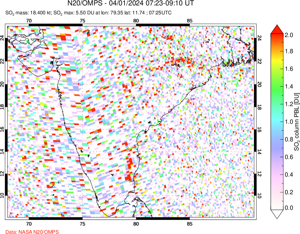 A sulfur dioxide image over India on Apr 01, 2024.