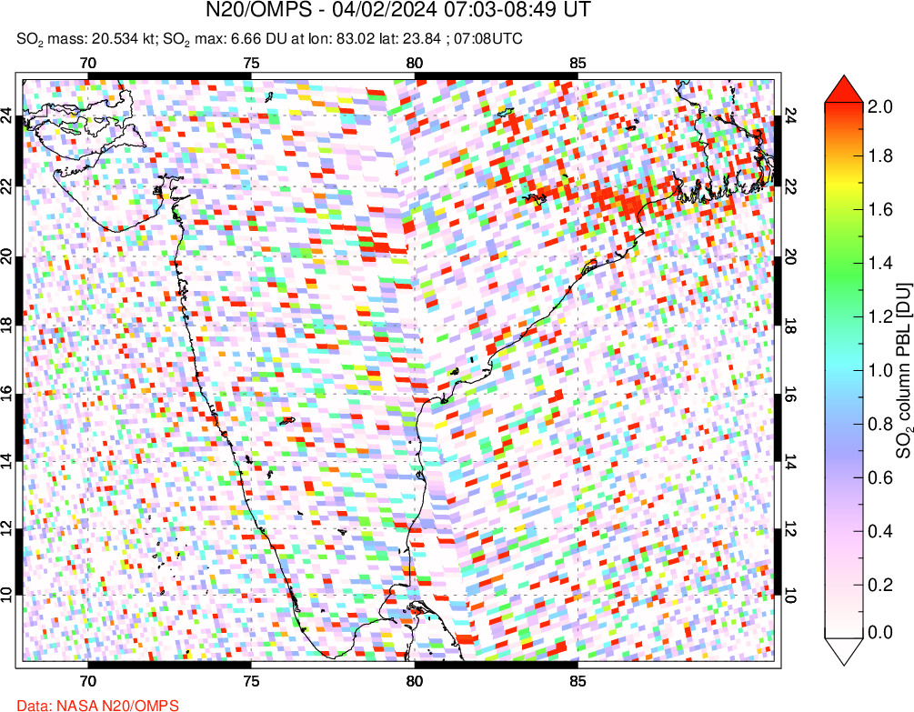 A sulfur dioxide image over India on Apr 02, 2024.