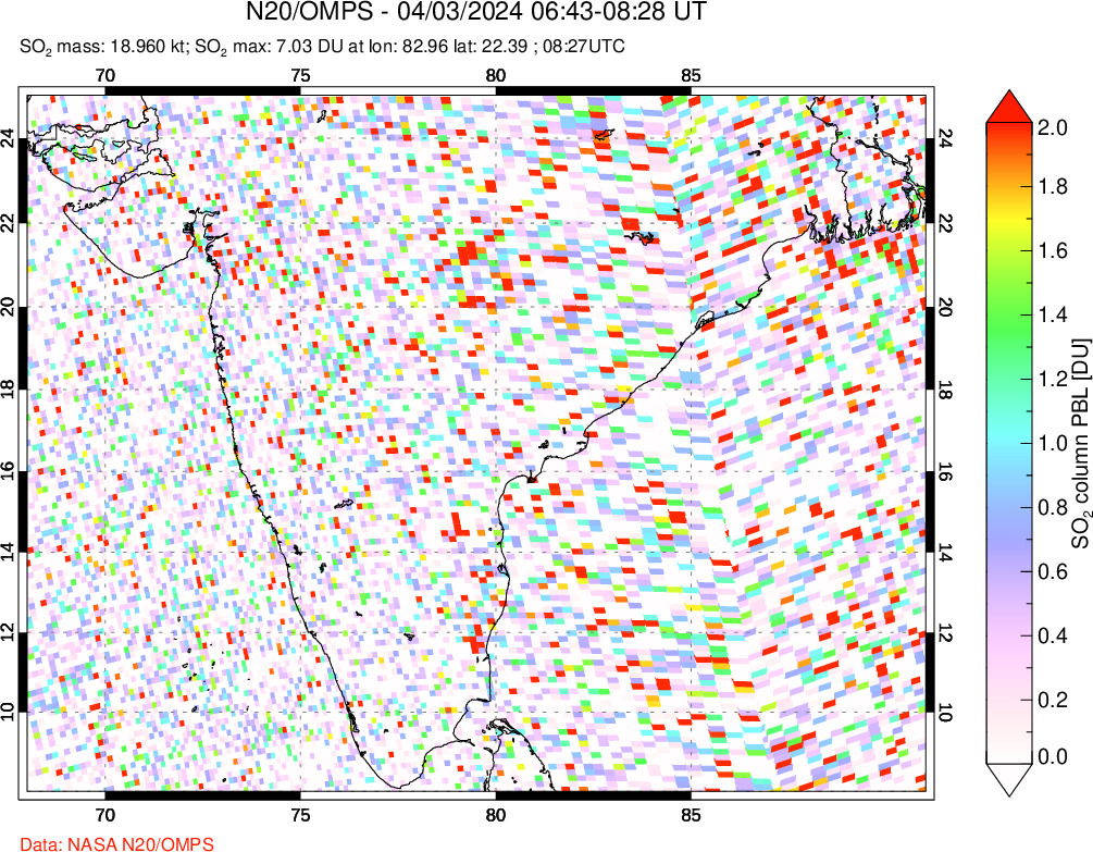 A sulfur dioxide image over India on Apr 03, 2024.