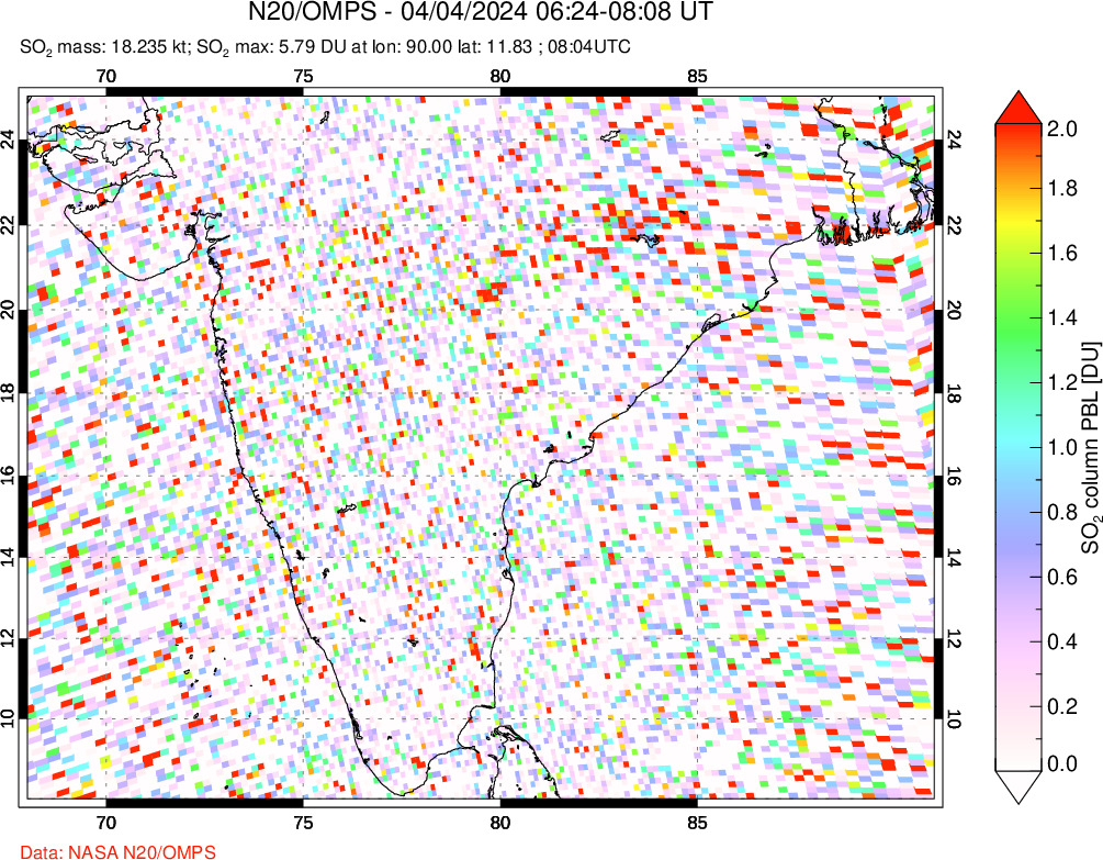 A sulfur dioxide image over India on Apr 04, 2024.