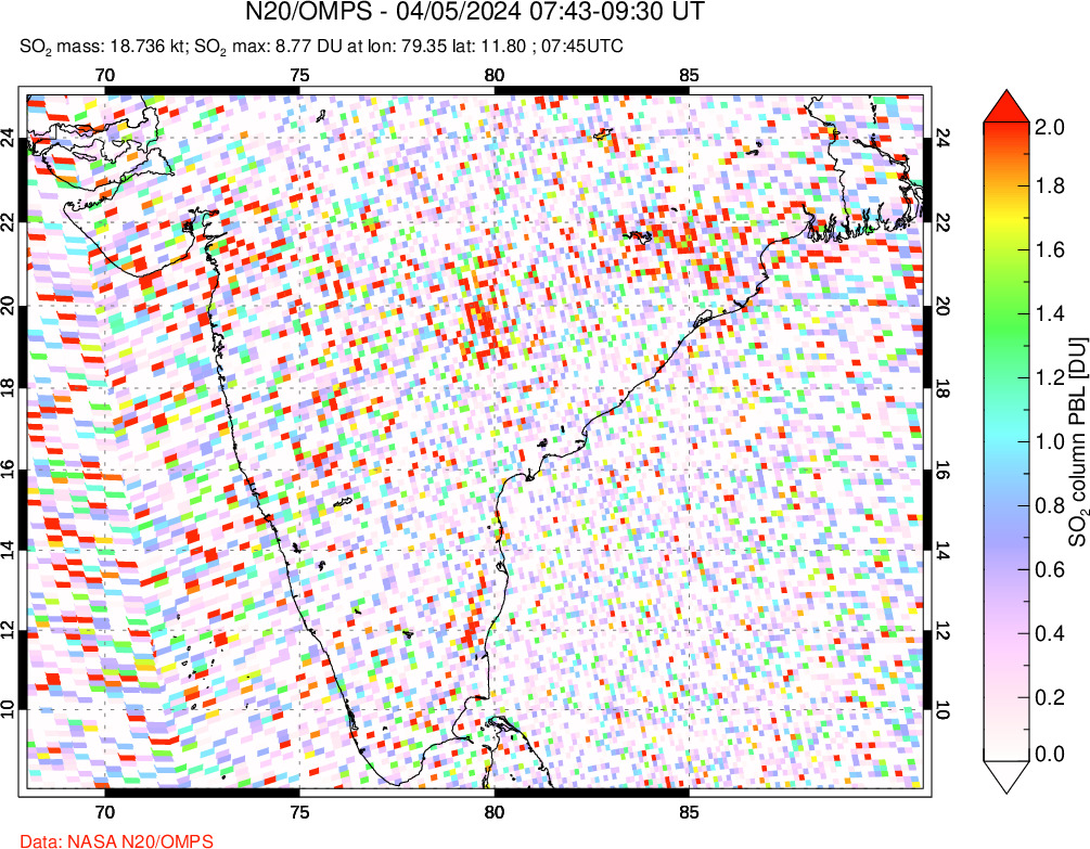 A sulfur dioxide image over India on Apr 05, 2024.