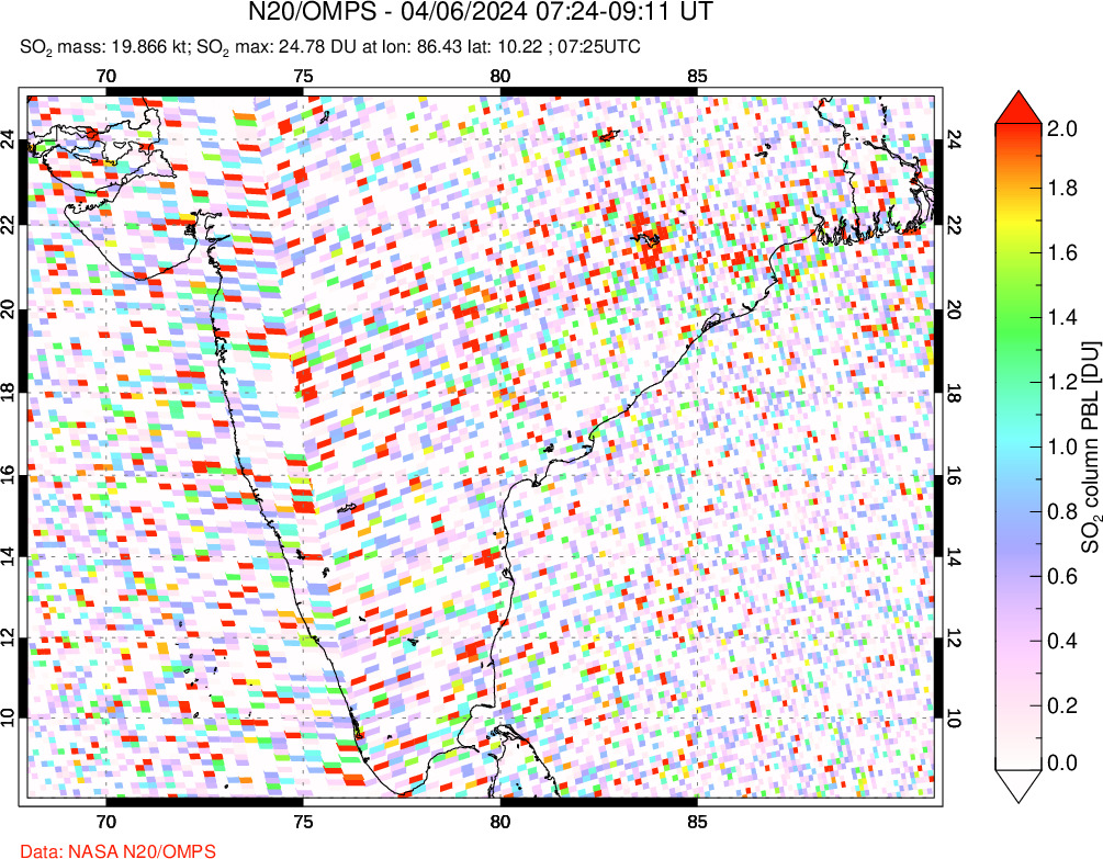 A sulfur dioxide image over India on Apr 06, 2024.