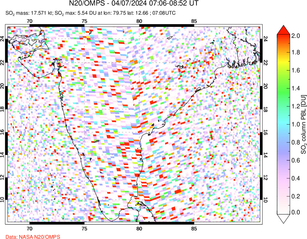 A sulfur dioxide image over India on Apr 07, 2024.