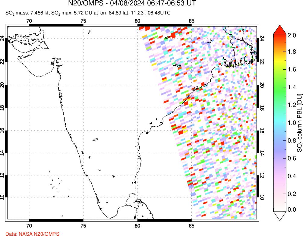 A sulfur dioxide image over India on Apr 08, 2024.